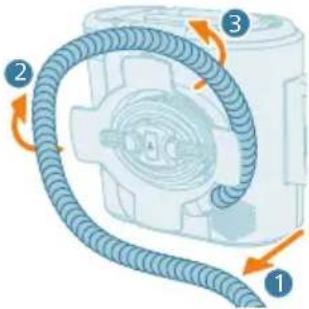 Diagram of a mechanical device with numbered parts showing a coiled cable and housing structure