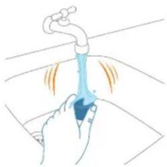 Illustration of a hand holding a blue object with motion lines indicating flow or movement (no text or symbols)