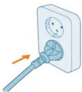 Illustration of a plug inserted into an electrical socket with a cartoon face on the socket (no text or symbols)