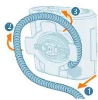 Diagram of a mechanical device with numbered parts showing rotational flow around a central component