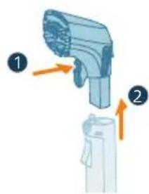 Diagram showing two labeled parts of a device with orange arrows indicating directional movement or assembly.