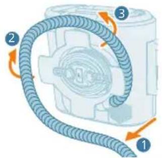 Diagram of a mechanical device with numbered parts showing a coiled cable and housing structure