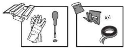 Illustration of cleaning tools including gloves, a screwdriver, and a tape measure (no text or symbols).
