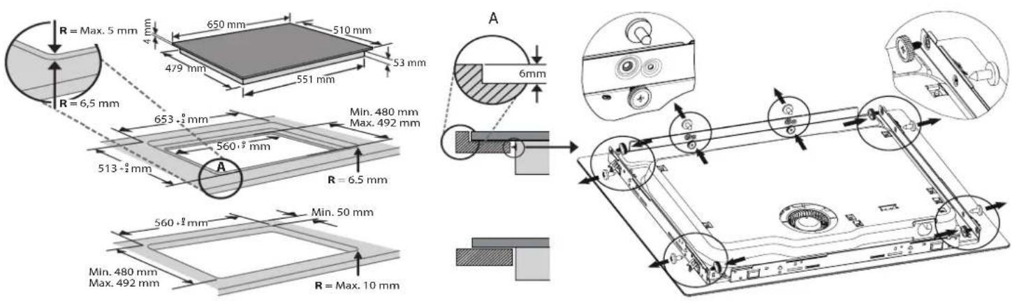 R = Máx. 5 mm 4 mm 650 mm 510 mm 479 mm 53 mm 551 mm R = 6,5 mm 653 - ½ mm Mín. 480 mm Máx. 492 mm 513 - ½ mm A R = 6,5 mm 560 - ½ mm Mín. 50 mm 560 - ½ mm Mín. 480 mm Máx. 492 mm R = Máx. 10 mm A 6 mm