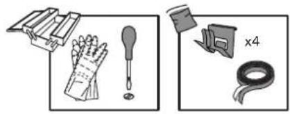 Illustration of cleaning tools including gloves, a tool, and a tape measure (no text or symbols).