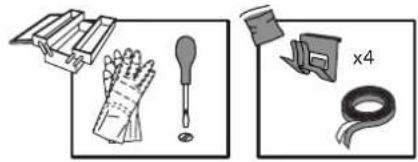 Illustration of hand tools including gloves, a dropper, and a tape measure (no text or symbols)
