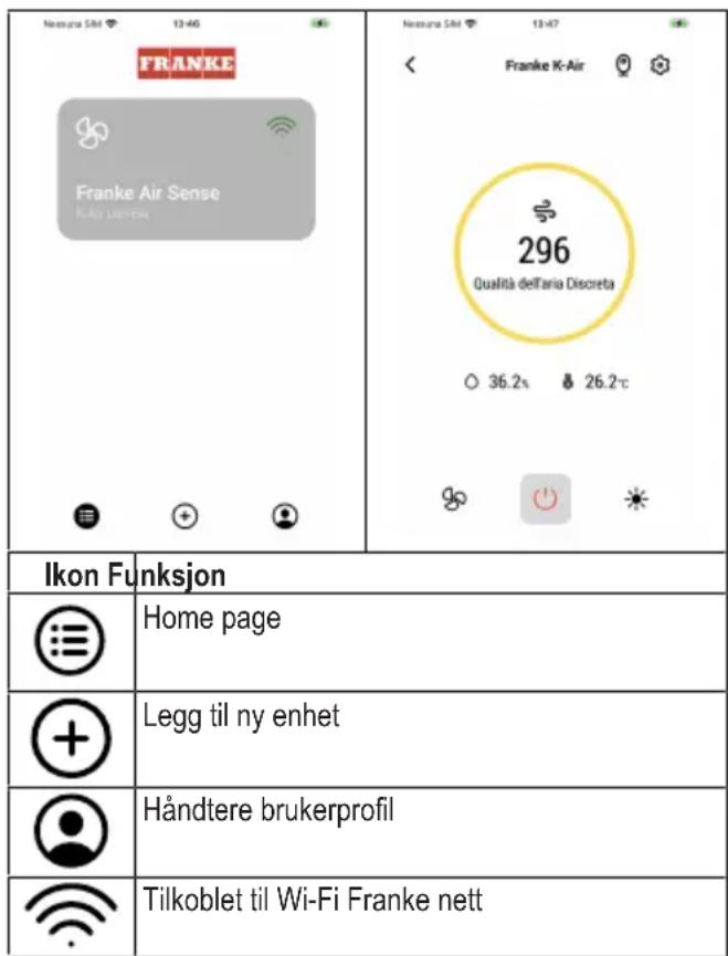 FRANKE Franke Air Sense Iku Air Sense Ikon Funksjon Hjemmeside Legg til ny enhet Håndtere brukerprofil Tilkoblet til Wi-Fi Franke-nett