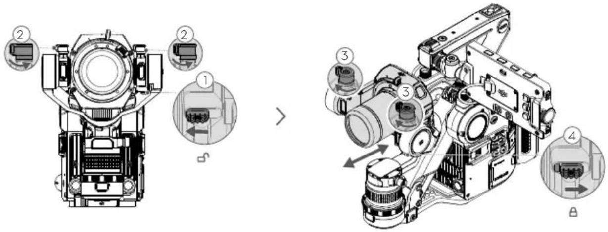 Technical diagram showing assembly of a camera module with labeled components and directional arrows indicating assembly steps.