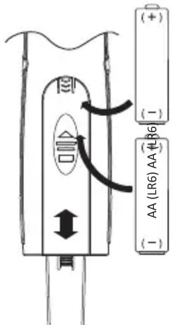 Diagram showing electrical connections with labeled components and directional arrows, including a battery and component labels AA (LR6) and AA (LR6) AA (LR6)