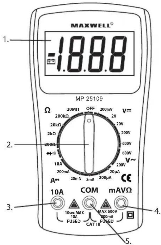 MAXWELL® -1.88.8 MP 25109 Ω 20MΩ OFF 200mV V= 200kΩ 2V 20kΩ 20V 2kΩ 200V 200Ω 600V 10A 600V 200mA 200V 20μA 200μA V~ A™ CE 10A COM mAVΩ 10sec MAX MAX 600V 10A FUSED 200mA FUSED CAT III
