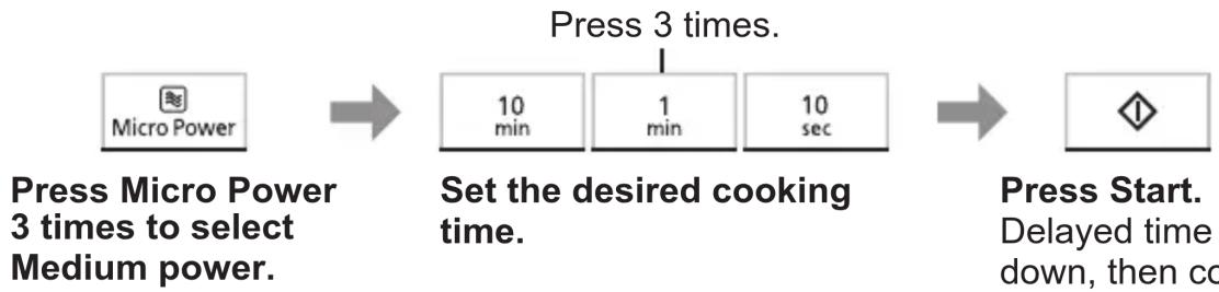 graph LR A["Press Micro Power"] --> B["Set the desired cooking time."] B --> C["Press Start. Delayed time down, then cc"] style A fill:#f9f,stroke:#333 style B fill:#ccf,stroke:#333 style C fill:#cfc,stroke:#333