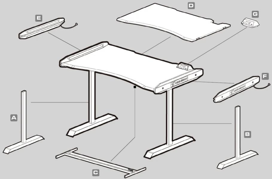 Technical diagram of a desktop desk with labeled components including chair, lamp, and stand