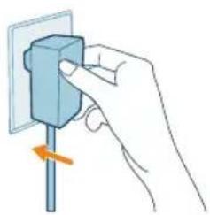 Hand holding a blue electrical plug with a pull arrow, no text or symbols visible