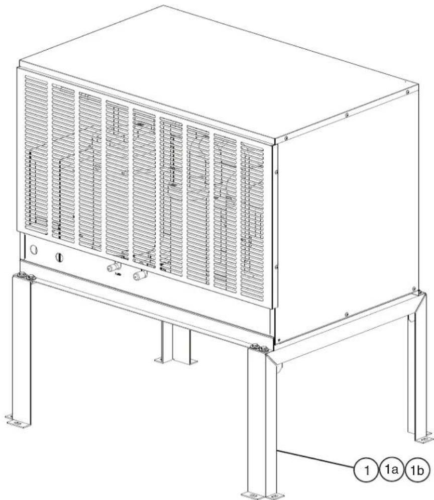 Technical line drawing of a modular air conditioning unit with ventilation grilles and mounting brackets (no text or symbols)