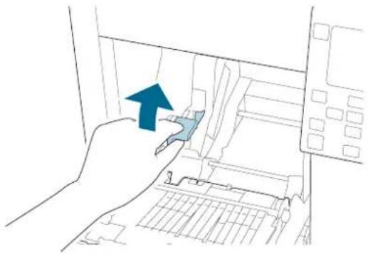 Line drawing of a hand pressing down on a mechanical component with an arrow indicating the process (no text or symbols present)