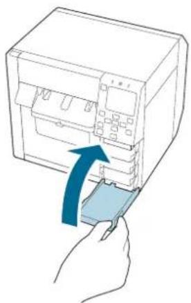 Illustration of a hand inserting a card into a computer case (no text or symbols visible)