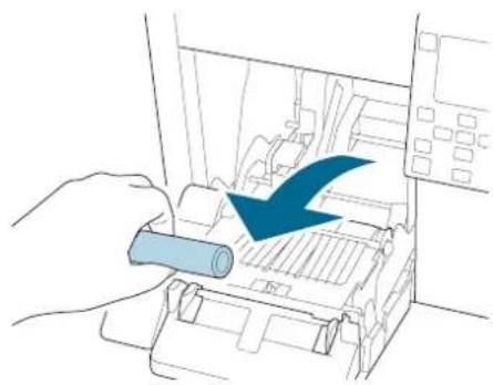 Illustration of a hand inserting a rolled paper into a printer holder, with a blue arrow indicating the process (no text or symbols present).