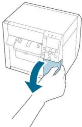Illustration of a hand inserting a device into a printer (no text or symbols visible)
