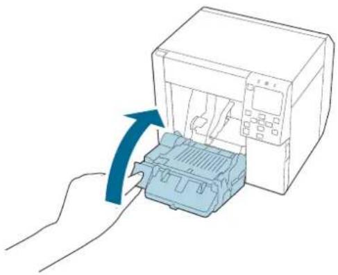 Illustration of a hand inserting a device into a printer (no text or symbols visible)