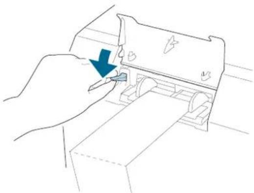 Line drawing of a hand pressing down on a mechanical component with a blue arrow indicating the process (no text or symbols present)