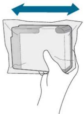 Hand holding a rectangular object with a blue double-headed arrow above it, no text or symbols present.