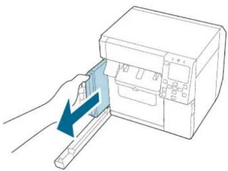 Illustration of a hand inserting a device into a printer (no text or symbols visible)