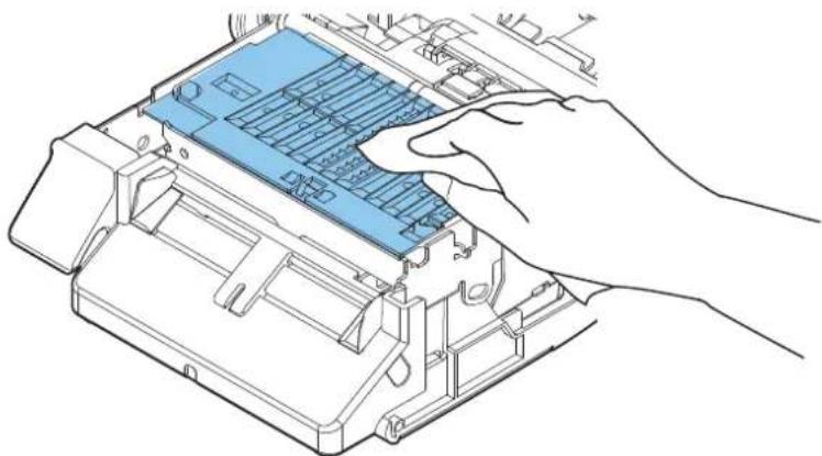 Illustration of a hand inserting a blue plastic component into a computer chassis (no text or symbols visible).