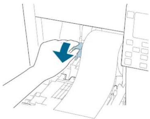 Line drawing of a hand pressing down on a mechanical component with a blue arrow indicating the process (no text or symbols present)