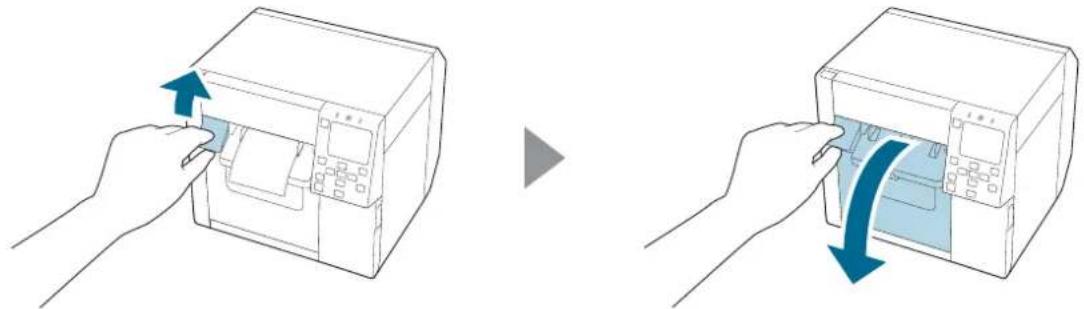 Illustration of two hands inserting a device into a printer, showing the process with blue arrows indicating rotation (no text or symbols present)
