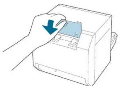 Illustration of a hand inserting a blue arrow into a device (no text or symbols)