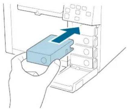 Hand inserting a blue plastic component into a device housing (no text or symbols visible)