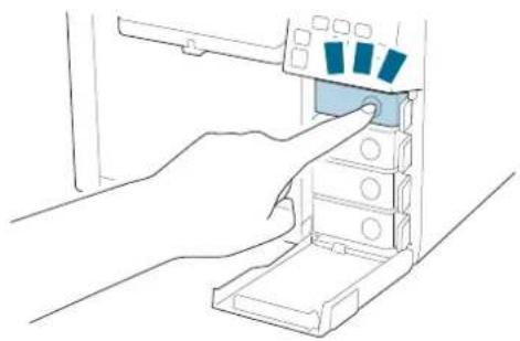 Line drawing of a hand inserting a component into a device (no text or symbols)