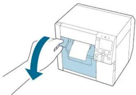 Illustration of a hand inserting a printer into a machine, with a blue arrow indicating the process (no text or symbols present).