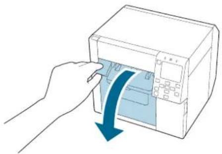 Illustration of a hand inserting a printer into a device with a blue arrow indicating the process (no text or symbols present)