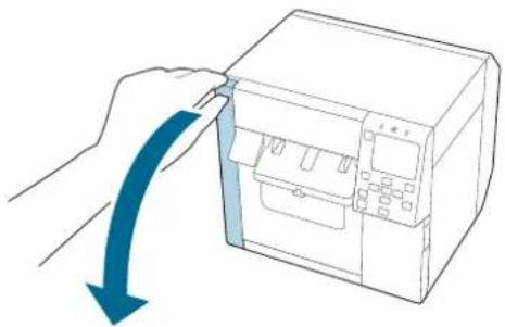 Illustration of a hand inserting a device into a machine, with a blue arrow indicating the process (no text or symbols present)