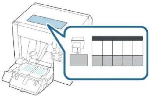 Diagram of a printer with internal components and a close-up view of the printer's front panel (no text or symbols present)