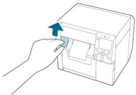 Line drawing of a hand pressing a button on a machine (no text or symbols)