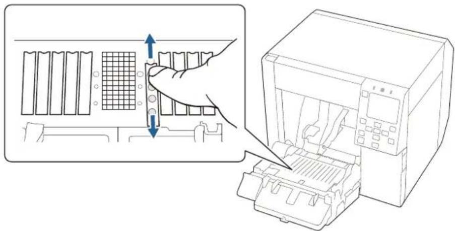 Diagram showing a hand inserting a component into a server rack, with an inset view of the device's internal structure (no text or symbols present).