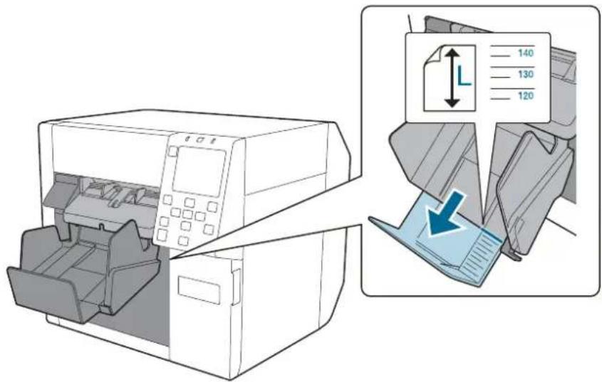 Diagram illustrating the process of printer printing and document compression, showing a printer with paper size 140 and a document labeled 'L' with page numbers 120, 130, 140.