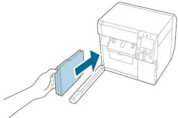 Illustration of a hand inserting a card into a printer with an arrow indicating the process (no text or symbols present)