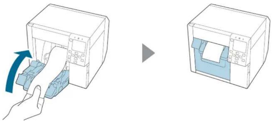 Diagram showing a hand inserting a device into a printer, then to process the printer's internal structure (no text or symbols present)
