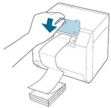 Illustration of a hand inserting a card into a printer (no text or symbols present)