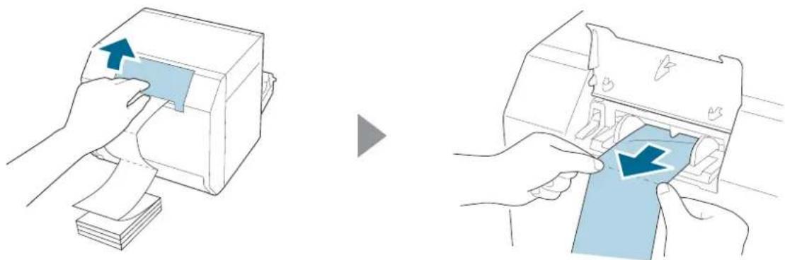 Illustration showing two steps of printer press application: one being inserted into a printer, the other being placed inside a printer (no text or symbols present)