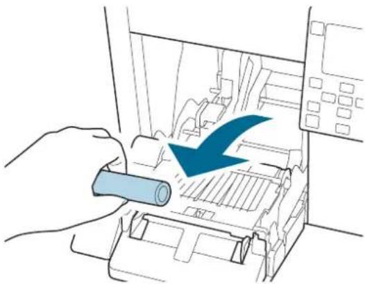 Illustration of a hand pressing a printer into a machine, with a blue arrow indicating the process (no text or symbols present)