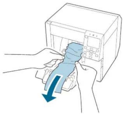 Illustration of hands inserting a blue object into a machine (no text or symbols).