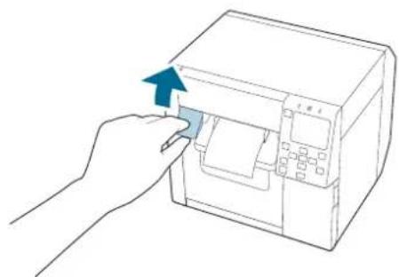 Line drawing of a hand inserting a card into a machine (no text or symbols).