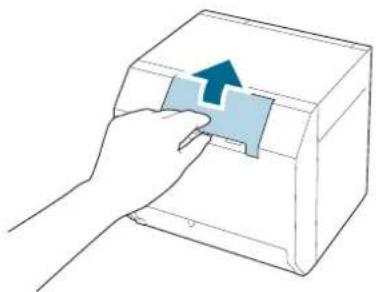 Hand inserting a blue card into a box with an arrow indicating the direction (no text or symbols)