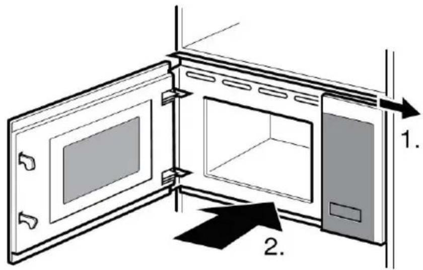 Diagram of a microwave oven with labeled parts and directional arrows indicating assembly or installation steps.