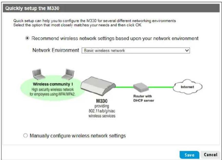 Quickly setup the M330. Quick setup can help you to configure the M330 for several different networking environments. Select the option that most closely matches your needs and then click OK. Recommend wireless network settings based upon your network environment. Network Environment: Basic wireless…