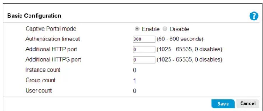 Basic Configuration Captive Portal mode Enable Disable Authentication timeout 300 (60 - 800 seconds) Additional HTTP port 0 (1025 - 65535, 0 disables) Additional HTTPS port 0 (1025 - 65535, 0 disables) Instance count 0 Group count 1 User count 0 Save Cancel